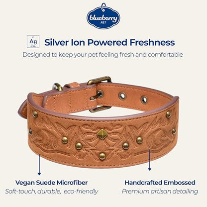 Blueberry Pet Premium Embossed Silver-Powered Freshness Microfiber Suede Leather Dog Collar in Saddle Brown - color: Saddle Brown, size: Large