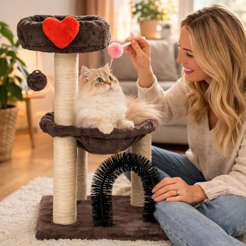 Simple Deluxe 27.8" Small Cat Tree Tower for Indoor Cats, Multi-Level Cute Cat Tree with Scratching Post| Plush Hammock| Perch| Replaceable Cover| Groomer Brush| Dangling Ball for Kittens Play & Rest - color: Smoky Gray & Heart