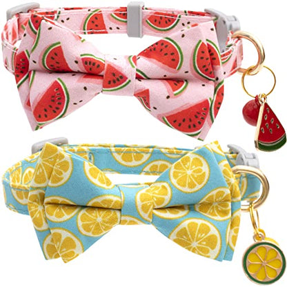 Faygarsle 2 Pack Cute Cat Collar with Bell Breakaway Bowtie for Male Female Cats Soft Fancy Pink Yellow Watermelon Lemon Pattern Spring Summer Cat Collar for Boy Girl Cats - color: Watermelon&Lemon