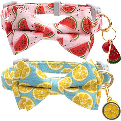 Faygarsle 2 Pack Cute Cat Collar with Bell Breakaway Bowtie for Male Female Cats Soft Fancy Pink Yellow Watermelon Lemon Pattern Spring Summer Cat Collar for Boy Girl Cats - color: Watermelon&Lemon