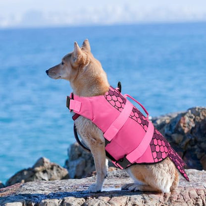Mermaid Dog Life Jacket, Pink Ripstop Dog Life Vest for Swimming & Boating, High Buoyancy Adjustable Pet Vest with Durable Rescue Handle & D-Ring, for Small/Medium/Large Dogs (Mermaid, S) - size: Small