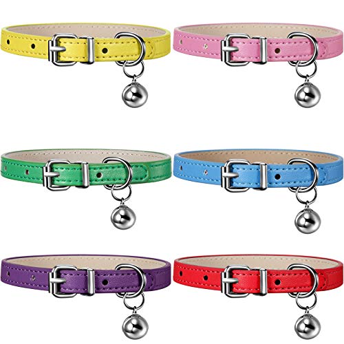 Weewooday 6 Pieces Leather Cat Collar with Bell Cute Pet Kitten Leather Collar for Boy Girl Cats for Small Kitten Puppy(Bright Color) - color: Bright Color