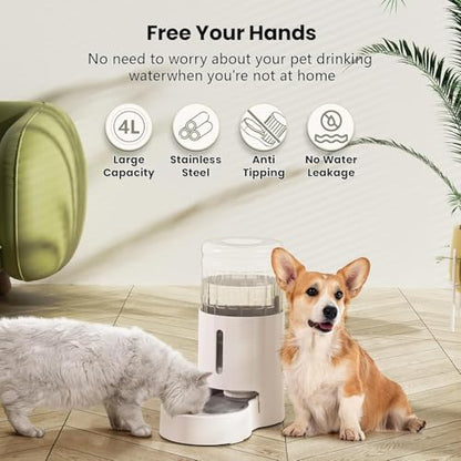 CZPET Automatic 4L/135Oz/1Gal Cat Water Dispenser with Stainless Steel Bowl, Gravity Waterer for Small Medium Dog Puppy Kitten (White) - color: White