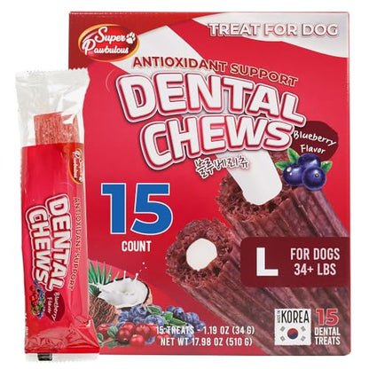 SuperPaw Dental Chews for Dogs - Blueberry Flavor, Antioxidant Support - Healthy Dog Dental Treats for Teeth and Gum Cleaning, Natural Chew Toy Alternative, Dog Chews - Large, 15 Treats - size: 15 Count (Pack of 1)