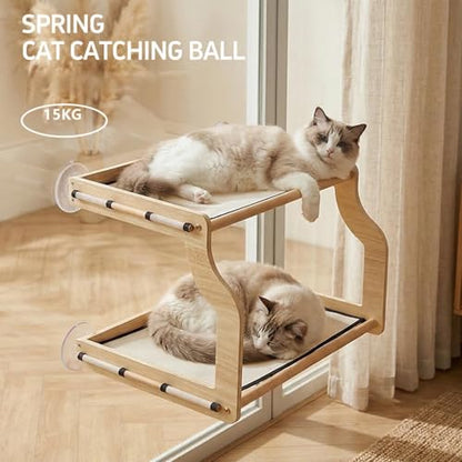 Window Perch for Cats Inside | Double Layer Wooden Perch - Indoor Small Cat Window Seat - for Small Medium Large All Breeds Kitten Climbing Basking Playing