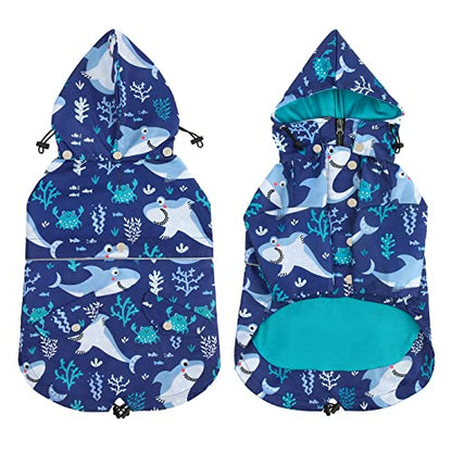 HDE Dog Raincoat Poncho Double Layer Zip Rain Jacket with Removable Hood, Leash Hole for Small to 3XL Dogs and Puppies Sharks - L - color: Sharks, size: Large