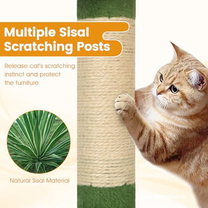 PETSITE 66 Inches Tall Cat Tree, Multi-Level Cat Tower with Sisal Scratching Posts, Side Basket, 2 Comfy Condos, Hammock, Soft Padded Top Perch, and Hanging Balls, Ideal for Indoor Cats (Green) - color: Green