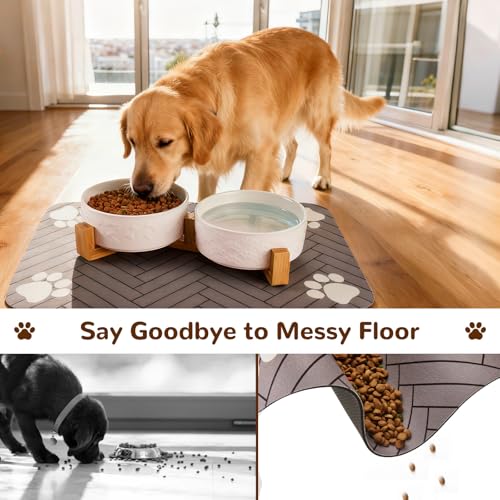 Dog Bowls Set with Wood Stand & Mat Waterproof, 3.5 Cups Ceramic Dog Bowls Elevated for Medium Dogs, Dual Food and Water Bowls with Weighted Non-Slip Base 28.7 OZ - size: M-3.5 Cups