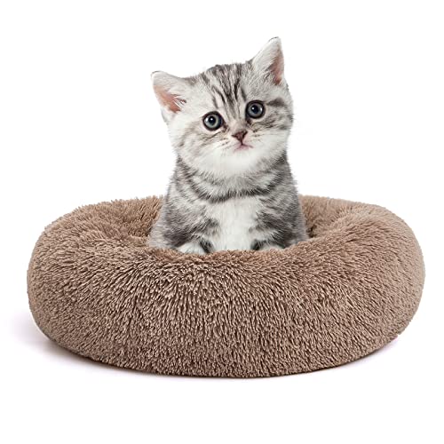 MIXJOY Calming Cat Beds for Indoor Cats, 20'' Kitten Donut Beds for Pet Up to 15lbs, Fluffy Small Cat Cuddler, Anti-Anxiety Plush Faux Fur Large Pet Bed Washable (20'', Brown) - color: Brown, size: XS(20’’x 20’’)