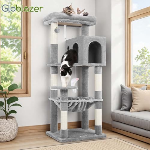 Globlazer Cat Tree Tower with Scratching Post for Indoor Cats, 53inch Tall Plush Multi-Level Cat Climbing Tower Condo House with Large Hammock, Spacious Cat Cave, Padded Top Perch Bed, F53, Light Gray - color: Light Gray