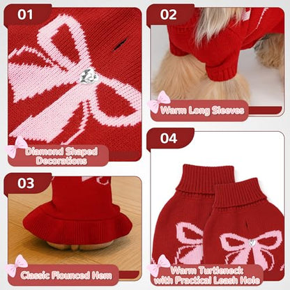 Bowknot Dog Sweater Dress for Small Dogs Girl, Stretchy Pet Sweaters Pullover Coats, Fall Winter Warm Dog Turtleneck Sweater (Red, M) - color: Red, size: Medium (9-15lbs)