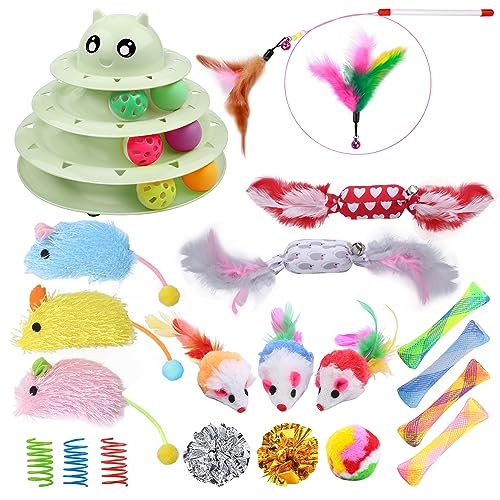 UPSKY 24 PCS Cat Toys, 3-Level Turntable Kitten Toys Set, Interactive Cat Roller Toys for Indoor Cats, Catnip Toys, Cat Teaser Toys, Mice Toys, Spring Toys, Various Ball Toys for Kitty - color: D-24PCS-Fruit Green