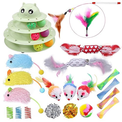 UPSKY 24 PCS Cat Toys, 3-Level Turntable Kitten Toys Set, Interactive Cat Roller Toys for Indoor Cats, Catnip Toys, Cat Teaser Toys, Mice Toys, Spring Toys, Various Ball Toys for Kitty - color: D-24PCS-Fruit Green