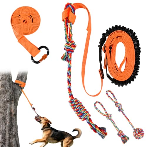 Outdoor Bungee Tug Toy, Dog Hanging Bungee Tug Toy with 3 Dog Chew Ropes,Interactive Retractable Play Cord Tether from Tree Outdoor for Small Medium Large Breeds Exercise and Play, Orange+Black - color: Orange+Black