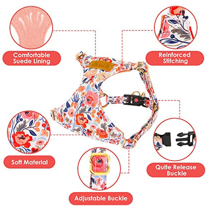 Lukovee Puppy Harness and Leash Set, No Pull Lightweight Soft Suede Adjustable Pet Harness Vest with Snap Buckle for Puppy Small and Medium Size Dog (Flower-S) - color: Flower, size: Small ( 9-17.5lb )