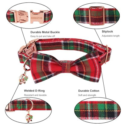 ADOGGYGO Christmas Dog Collars with Bow, Detachable Plaid Bowtie with Charm, Metal Buckle, Adjustable Red Green Plaid Christmas Collars for Small Dogs Boy Girl (Small) - color: Christmas, size: Small