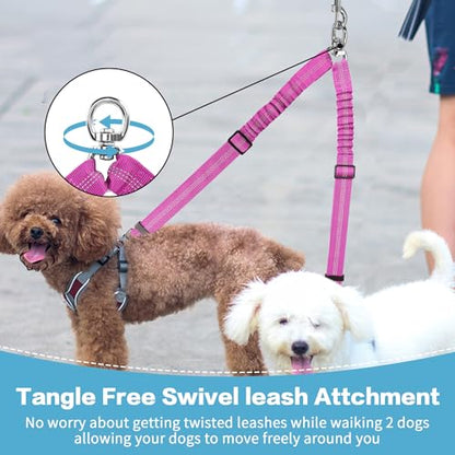 YAODHAOD Double Dog Leash,Two Dog Leash Splitter, No Tangle 360° Swivel Rotation Reflective Lead, Adjustable Length Bungee Heavy Duty Walking Training Dual Extension (Rose Red) - color: Rose Red