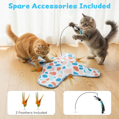 Interactive Cat Toys with Bird, Hide and Seek Cat Toy, 2 in 1 Automatic Moving Concealed Feathers for Indoor Cats, Non-Slip Suction, Touch Activated, USB Rechargeable, Blue - color: Blue-with Bird
