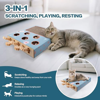 PAWISE Interactive Cat Scratcher Toy - 3-in-1 Cardboard Cat Scratching Board & Interactive Puzzle Toy Box for Indoor Cats, Nail File Scratch Pad with Pop-up Mice, Cat Enrichment Toy for Kitten - size: 10X12X2.4