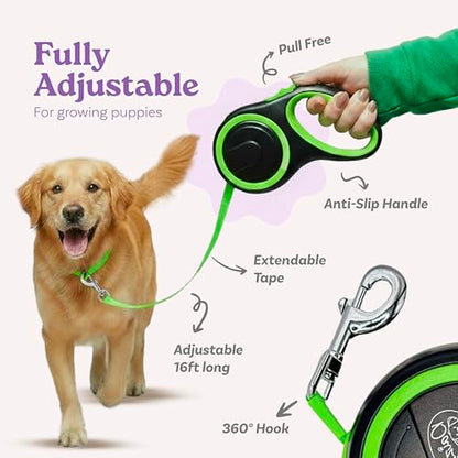 Retractable Dog Leash for Small, Medium & Large Dogs – Heavy-Duty, Tangle-Free, Reflective, 16FT Long, Anti-Slip Soft Handle with One-Hand Brake - 44 LBS /16FT - Small - Green - color: Green