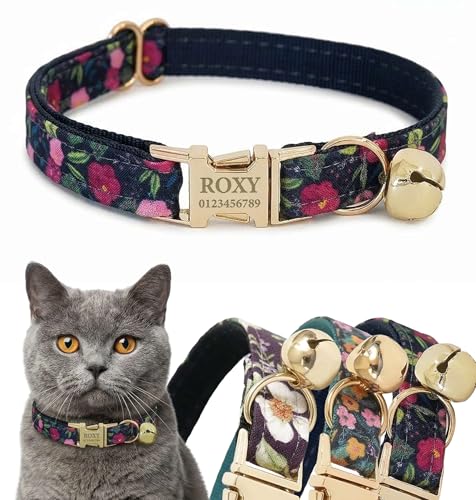 Engraved Floral Cat Collar with Removable Bow Tie - Personalized ID Tag & Safety Bell, Adaptive Polyester Design, （Non-Breakaway） - Floral Pattern Collection - color: Dark Painted, size: L