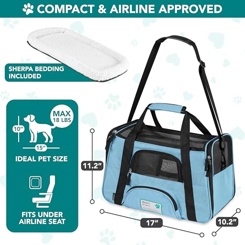 PetAmi Airline Approved Pet Carrier for Cats & Small Dogs, Soft Sided TSA Travel Carrier Bag with Sherpa Bed, Breathable Mesh Ventilation, Collapsible Bowl, Fits Under Seat, Up to 18 lbs, Small Blue - color: Light Blue, size: Small - 17"L x 10.2"W x 11.2"