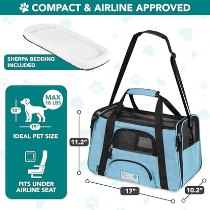 PetAmi Airline Approved Pet Carrier for Cats & Small Dogs, Soft Sided TSA Travel Carrier Bag with Sherpa Bed, Breathable Mesh Ventilation, Collapsible Bowl, Fits Under Seat, Up to 18 lbs, Small Blue - color: Light Blue, size: Small - 17"L x 10.2"W x 11.2"