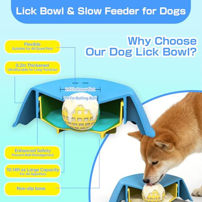 Rolling Ball Dog Lick Bowl, 10oz Large Capacity Slow Feeder Dog Bowl, Interactive Dog Enrichment Toy for Small Medium Large Dogs, Ideal for Wet Food, Yogurt, Bone Broth (1, Blue) - color: Blue