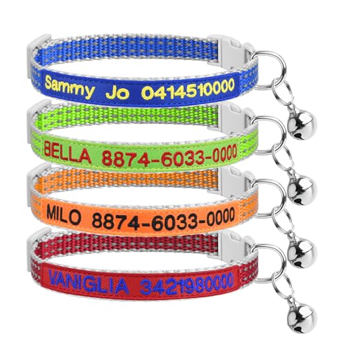 Personalized Reflective Cat Collar Buckle with Bell for Girl Cats & Boy Cats, Kitten Adjustable Collar with Custom Name Tag, Pet Name and Phone Number (Reflective) - color: Reflective