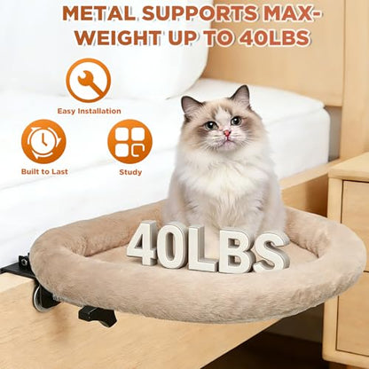 IPOW Heavy Duty Steel Frame 180°Rotating Cat Bedside Bed Semi-Circular Cat Bed for Bedside, Soft Faux Rabbit Fur Material, Suitable for Various Desktops-Maximum Hold Up to 40lb - color: brown