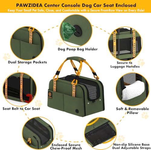 PAWZIDEA Center Console Dog Car Seat, Enclosed Small Dog Armrest Booster Carseat, Secure Straps &Anti Slip, Portable TSA Approved Puppy Pet Carrier Soft-Sided, Removable Pillow Storage Pocket, up 12lb - color: Forest Green