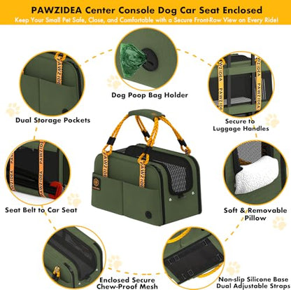 PAWZIDEA Center Console Dog Car Seat, Enclosed Small Dog Armrest Booster Carseat, Secure Straps &Anti Slip, Portable TSA Approved Puppy Pet Carrier Soft-Sided, Removable Pillow Storage Pocket, up 12lb - color: Forest Green