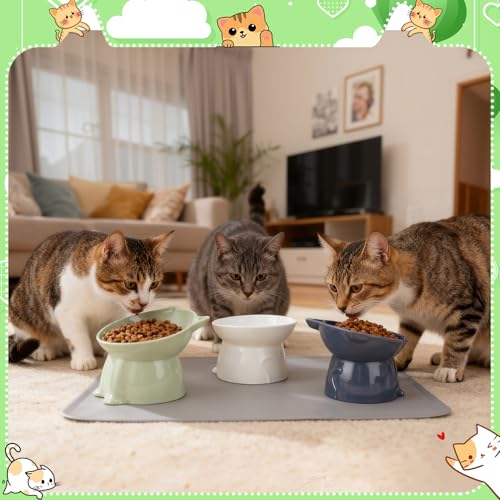 3 Pcs Elevated Cat Bowls 15°Raised Cat Food Bowl with Silicone Mat Whisker Friendly Anti Vomiting Cats Dishes Pet Food and Water Bowls for Indoor Cats Kittens Classic 3 Colors - color: Green, Grey, White