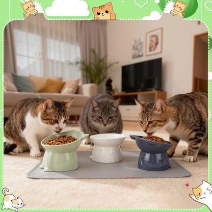 3 Pcs Elevated Cat Bowls 15°Raised Cat Food Bowl with Silicone Mat Whisker Friendly Anti Vomiting Cats Dishes Pet Food and Water Bowls for Indoor Cats Kittens Classic 3 Colors - color: Green, Grey, White