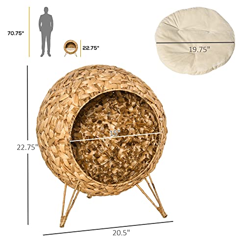 PawHut 20.5" Weaved Cat Bed, Elevated Hand-Woven Braided Banana Leaf Kitten House Condo with Cushion, Natural - color: Natural