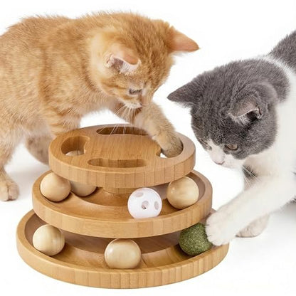 ZOMISIA Cat Ball Track Toy with Puzzle Top and DIY Bell, Wooden Cat Toys for Indoor Cats, Interactive Kitty Ball Tower for Kitten Exercise Mental Physical - size: Medium Size