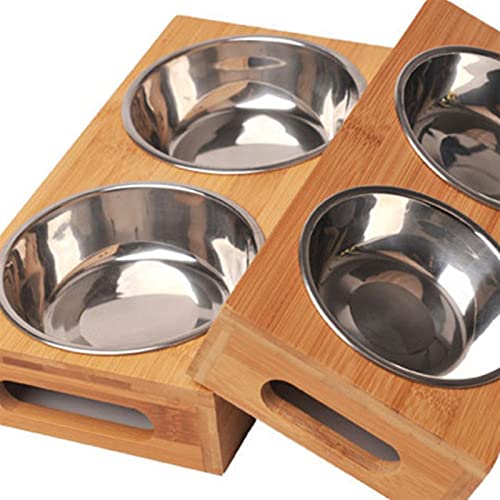 Dog Feeding Mats Pet Cat Bowl Bear Bamboo Plate Double Natural Durable Safety Wood Stainless Steel Dog Utility