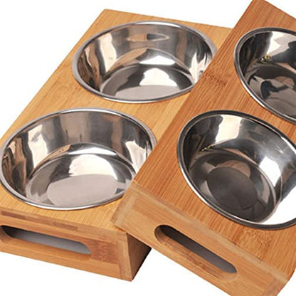 Dog Feeding Mats Pet Cat Bowl Bear Bamboo Plate Double Natural Durable Safety Wood Stainless Steel Dog Utility