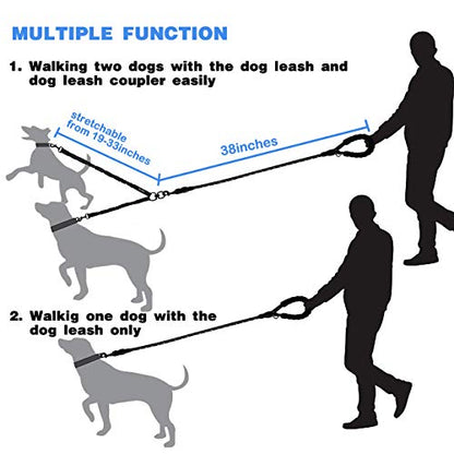 tobedri Comfortable Dual Dog Leash Tangle Free with Shock Absorbing Bungee Reflective 2 Dog Leashes for Large Medium Small Dogs