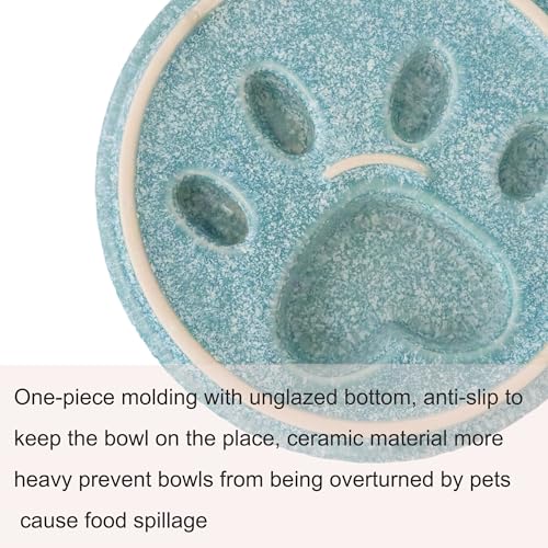 Ceramic Slow Feeder Bowl, 6.69 x 5.7 inches, Elevated Design with Paw Pattern, for Cats and Small Dogs (Blue) - color: Blue