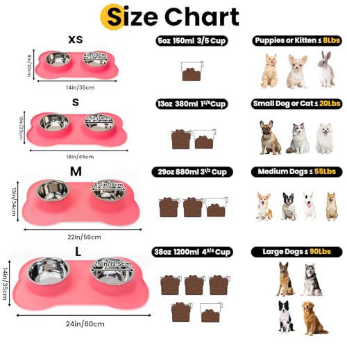 Conlun Medium Pet Feeding Station, 29oz Stainless Steel Dog Bowls Set, No Spill Food & Water Dishes with Non Slip Silicone Mat for Breeds Up to 55 Lbs, Pink - color: Pink, size: Medium-29oz