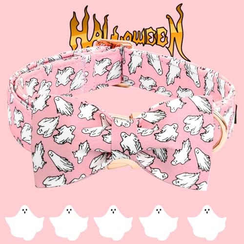 Elegant little tail Halloween Dog Collar, Pink Ghosts Print Dog Collar with Bow Puppy Collar Bowtie Flower Female Cotton Adjustable Collars for Small Medium Large Dogs - color: Pink Ghosts, size: X-Small (Pack of 1)