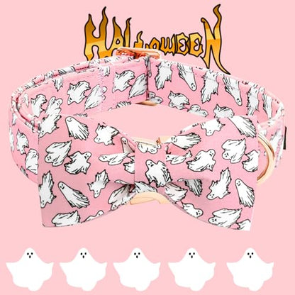 Elegant little tail Halloween Dog Collar, Pink Ghosts Print Dog Collar with Bow Puppy Collar Bowtie Flower Female Cotton Adjustable Collars for Small Medium Large Dogs - color: Pink Ghosts, size: X-Small (Pack of 1)