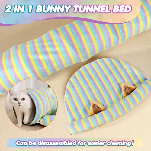 Spardar Bunny Tunnel Bed, 2-in-1 Collapsible Tunnel Tubes Toys, Washable, with Removable Mat Hideout, Interactive Toys for Rabbits Chinchilla Hedgehog Guinea Pigs Kitty, Stripe - color: Stripe