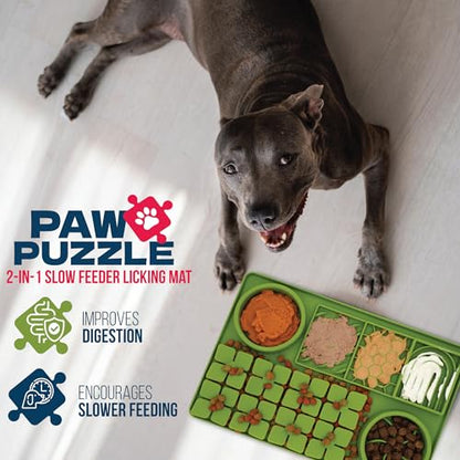 Palz&Co Paw Puzzle 2-in-1 Slow Feeder & Lick Mat - Large 15.75"x10.5" Green Non-Slip Silicone Mat for Dogs & Cats, Dry or Wet Food, Enrichment Puzzle Feeder, Dishwasher Safe - size: Large