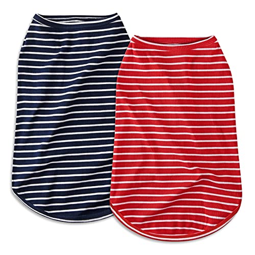 Dog Shirt Vest Lightweight Stretchy Dog T-Shirts Soft Cool Shirts Sleeveless Stripe Vests Breathable Clothes for Puppy Kitty Cat Small Medium Large Dogs 2 Pack Red + Blue [M/Medium] - color: Red + Blue, size: M-(6~9lb) | Chest(~15.3")