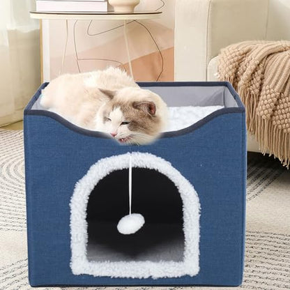 Foldable Cat House, 2 Layer Collapsible Kitten House Multifunctional Cat Cave Bed Soft Cat Scratcher House, Cat Bed Cave Cat Cubes Cat Hideaway for Indoor Cats(Navy Blue) - color: Navy Blue