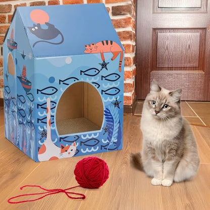 Lawei 2 Pack Cardboard Cat Houses with Scratch Pads, Sturdy Cats Play Scratching House for Indoor Hideaway Furniture, Cute Scratching Box Toy for Cat Birthday, Bunny Small Pet Bed, Easy Assembly