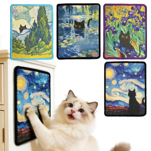 Cat Wall Scratcher, Vertical Mounted Sisal Cat Scratcher Wall Art, Home Decor Kitten Scratching Mat Pad with Hoop and Loop Adhesives, Cardboard Post Alternative for Indoor - color: Black Cat #4