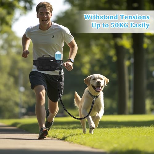 Hands Free Dog Leash with Zipper Pouch, Waist Belt for Large Medium Dogs for Running, Walking, Jogging and Hiking, Dual Padded Handles and Durable Bungee - Black (1 Dog Black) - color: 1 Dog Black